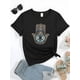 thumbnail image 3 of Women's Bohemian Black T-Shirt with Intricate Hamsa Hand & Eye Design - 92% Cotton/8% Elastane Blend, Stretchy Short Sleeve Round Neck Top, Machine Washable All-Season Casual Shirt, 3 of 6