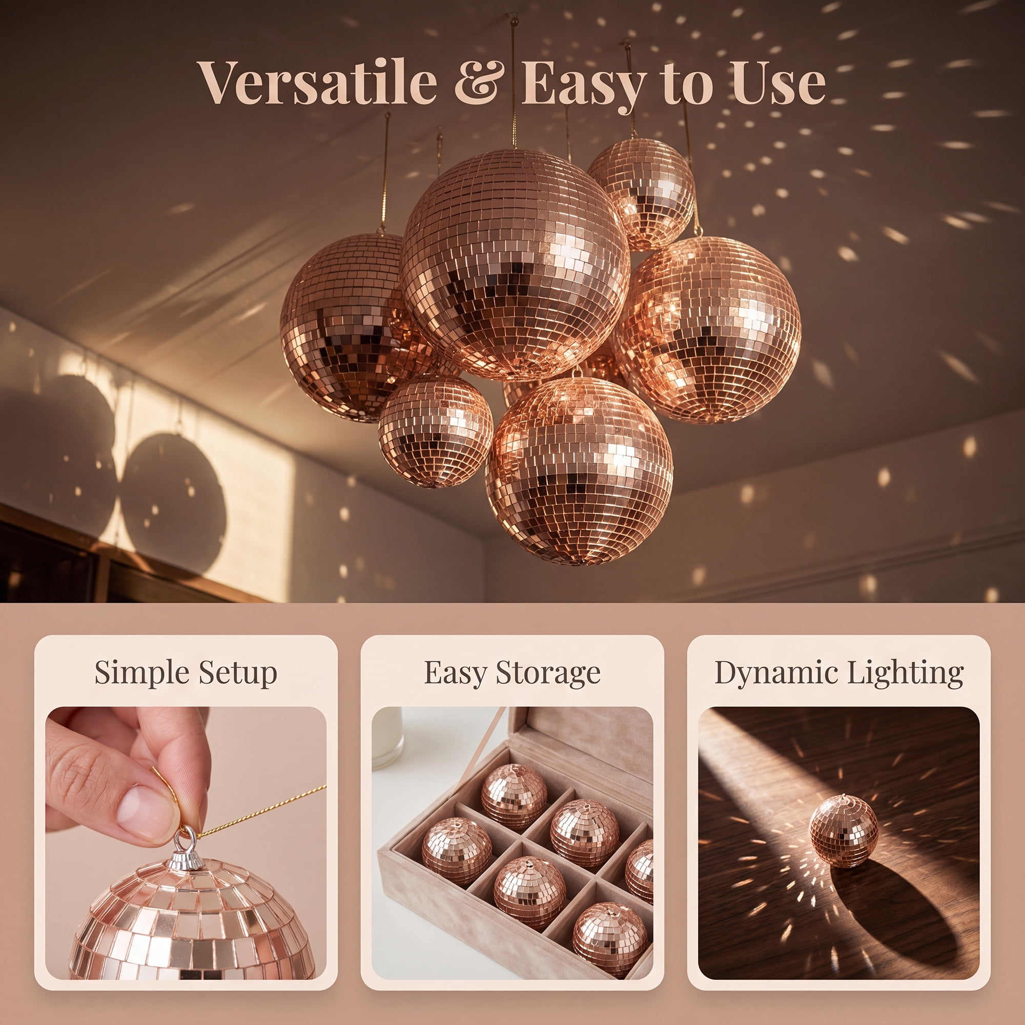 Unique Bargains 10Pcs Mirror Disco Balls for Hanging Sphere Orbs Beige 2"x2"x2"