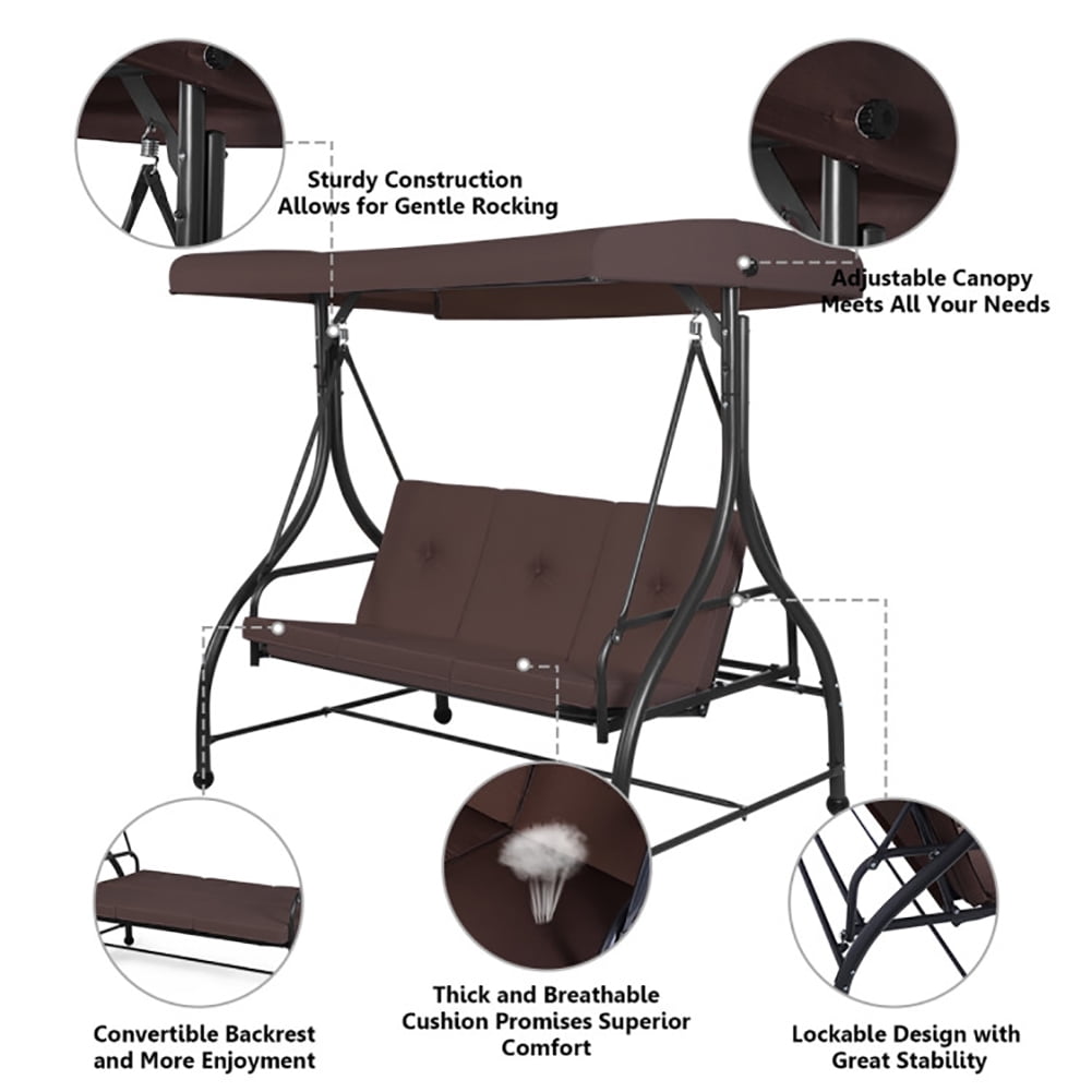 Aimee Lii 3 Seats Converting Outdoor Swing Canopy Hammock with Adjustable Tilt Canopy, Swing Chair Outdoor, Brown Aimee Lii 3 Seats Converting Outdoor Swing Canopy Hammock with Adjustable Tilt Canopy, Swing Chair Outdoor, Brown
