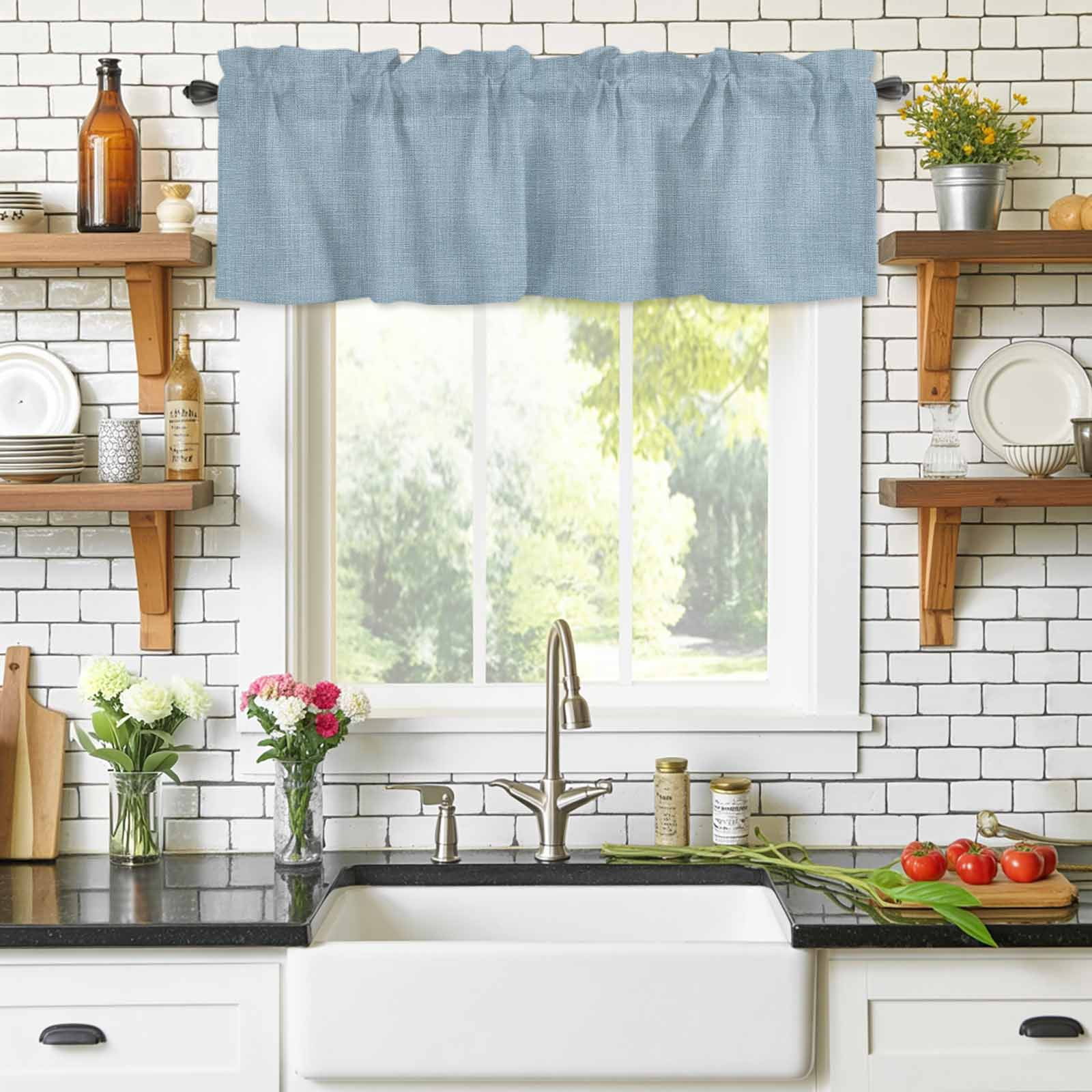 Vintage Sky Blue Rod Pocket Curtain Valance, Farmhouse Retro Solid Color Linen Texture Farmhouse Window Valance for Living Room, Bedroom, Kitchen 42"W x 12"L