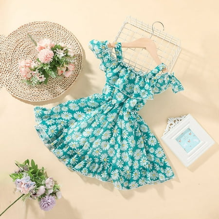 

THE WILD Girls Dresses Fashion Ruffled Hemline Flowers Print Square Neck Sleeveless Midi Prom Dress Mint Green