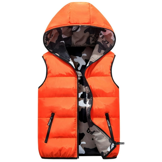 Tiweut Décontracté Garçons Enfants Hiver Gilet à Capuche Rembourré Camouflage Réversible Taille Sans Manches Veste Régulière Manteau Garçon Orange,6-7 A