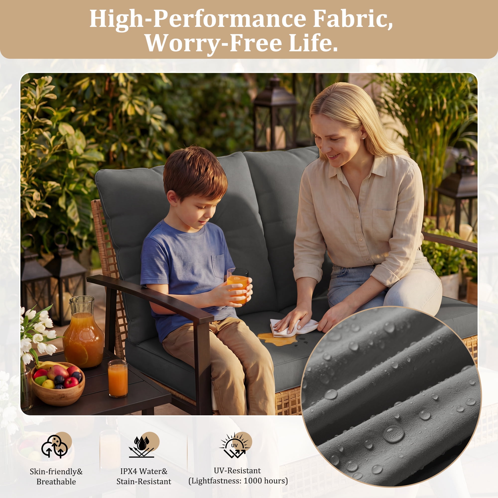 Deersky 4 Pieces Outdoor Patio Furniture Set with 2 All-Weather Wicker Rocking Chairs, Loveseat and Coffee Table, Easy Assembly for Balcony, Porch, Backyard