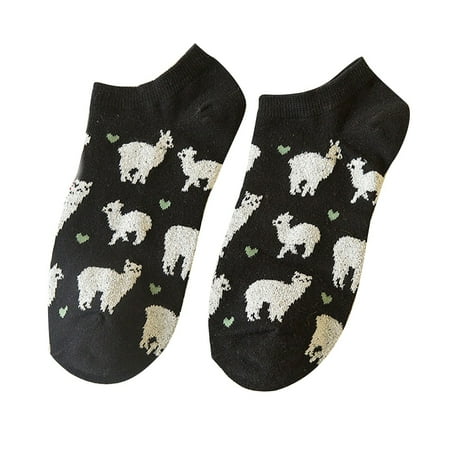 

harmtty Cartoon Alpaca Low Cut Women Breathable Cotton Elastic Ankle Boat Socks Black