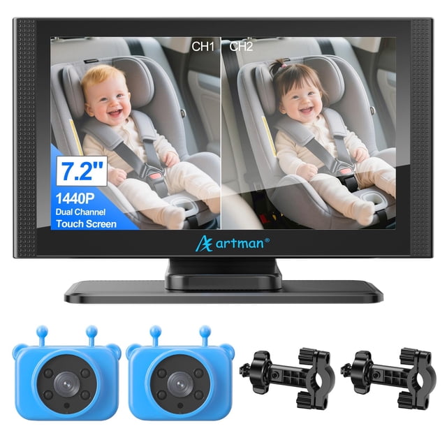 Cámara Artman para coche de bebé para 2 niños con pantalla táctil HD 1440P de 7,2 pulgadas
