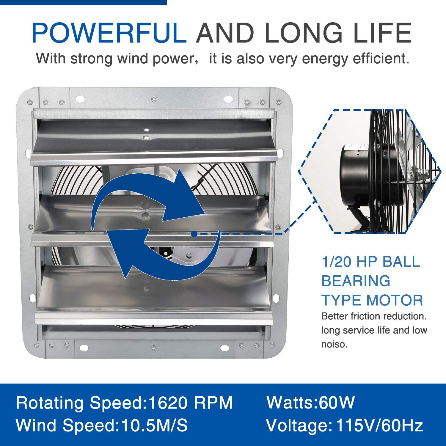 iPower 10 inch Shutter Exhaust Fan Aluminum,High Speed 1630RPM, 705CFM, 1-Pack, Silver - image 3 of 6