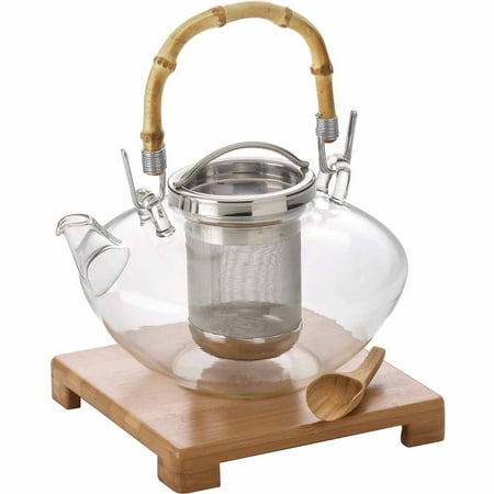 BonJour(r) Tea Handblown Glass â Zenâ Teapot with Stainless Steel Infuser and Bamboo Trivet, 42-Ounce