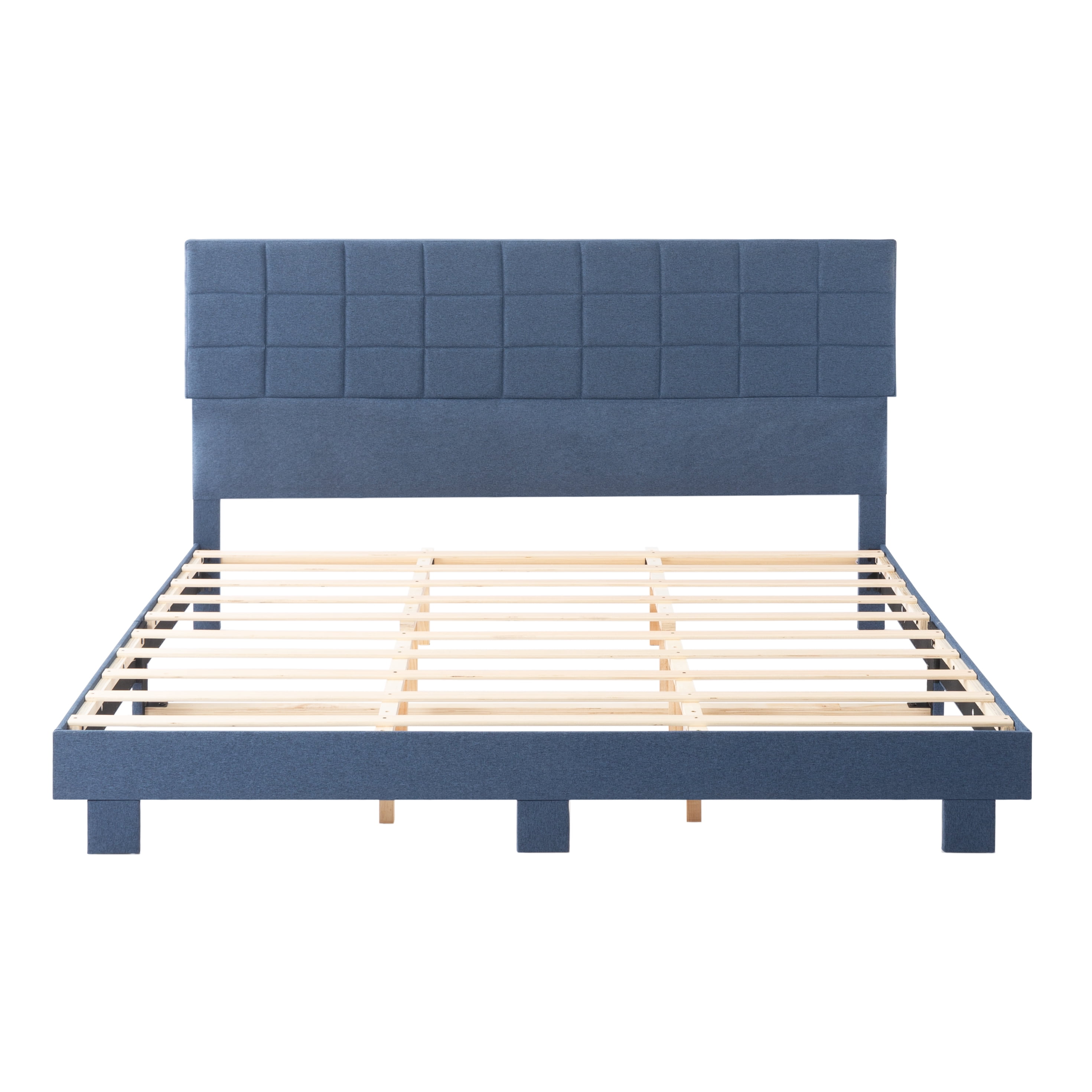 BSHTI King Size Modern Upholstered Platform Bed Frame with Linen Fabric Headboard, No Box Spring Needed,for Bedroom/Apartment(Blue)