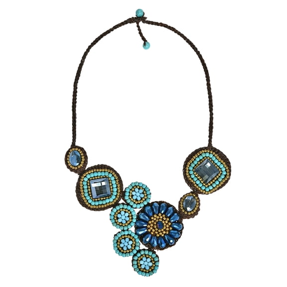 Geometric Floral Turquoise Round Flower Blue Sparkling Statement Necklace