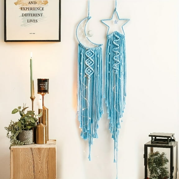 2-Piece Moon and Star Dream Catcher Set, Macrame Wall Hanging for Bedroom, Soothing Boho Nursery Decor for Baby Girls Kids Room, Blue