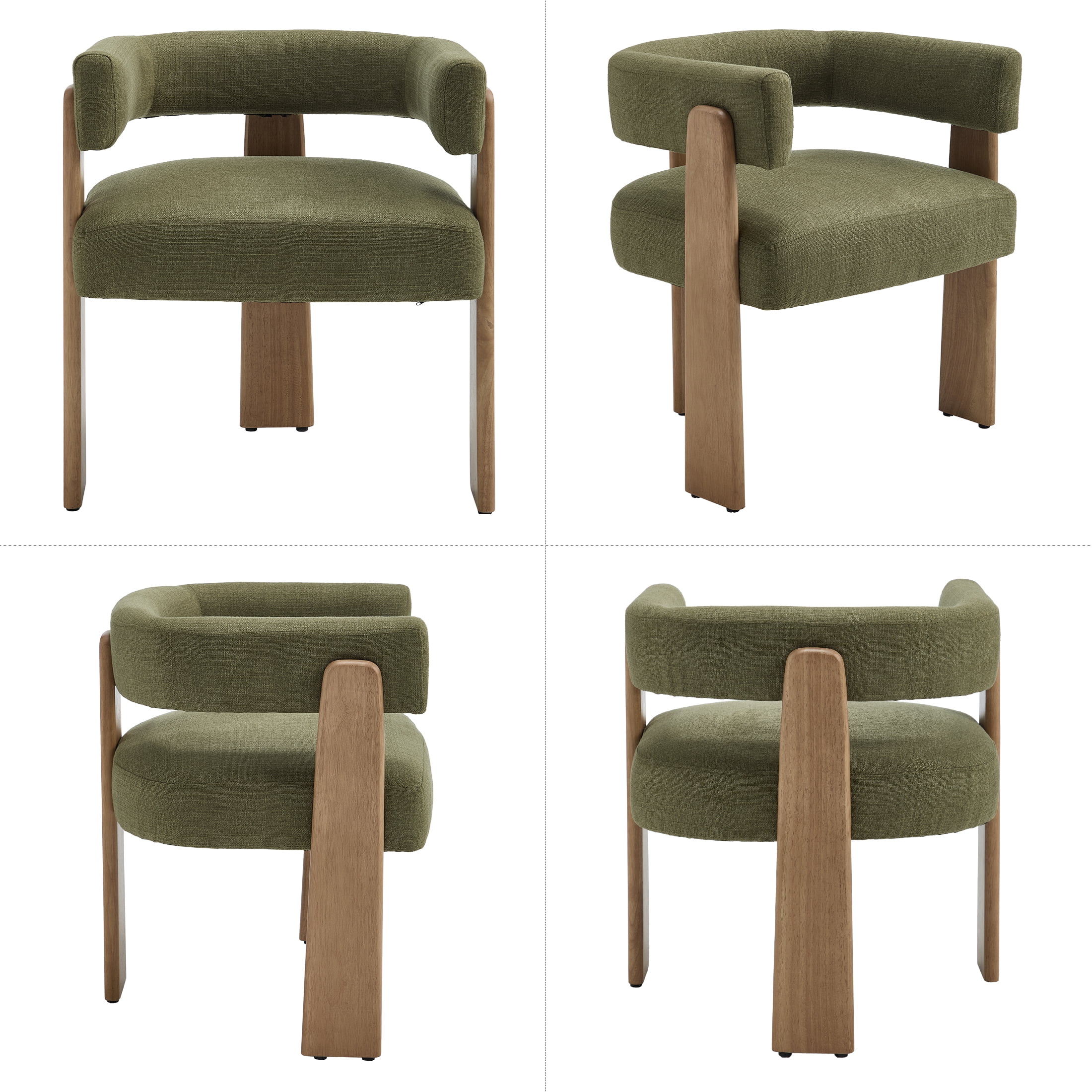 Guyou Barrel Dining Chairs Set of 4, Modern Linen Upholstered Dining Room Chairs with Curved Back, Farmhouse Wooden Accent Side Armchairs for Dining Room, Living Room, and Kitchen, Green