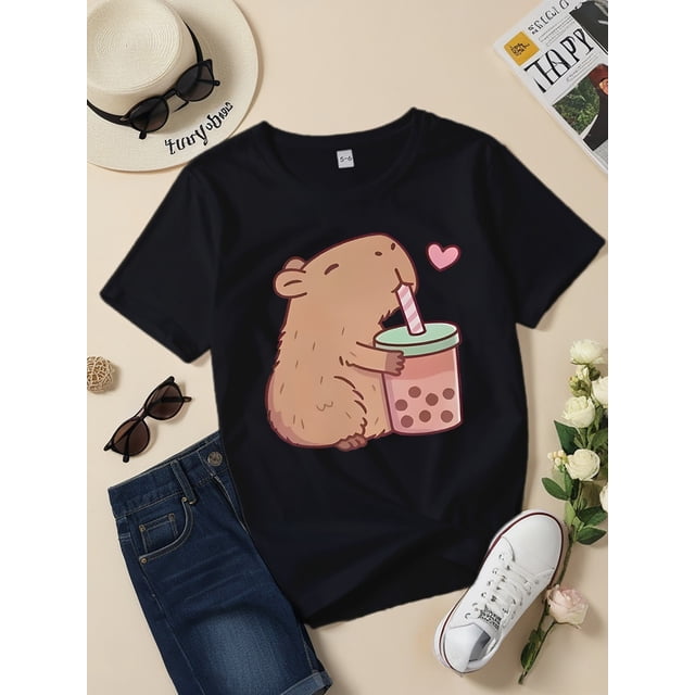 Women'S 100% Cotton Round Neck Short Sleeve T-Shirt - Casual Summer Top with Cute Hamster & Bubble Tea Graphic, Lightweight & Breathable, Casual Wear | Playful Print | Comfortable Fit