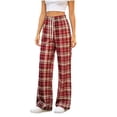 thumbnail image 3 of Women's Plaid Straight Leg High Waist Casual Pants, Polyester Pocket Loose Long Trousers, Fashion Summer Bottoms for Daily Shopping Home | TruHer,Red Free Size, 3 of 7