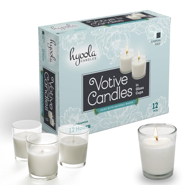 Velas votivas Hyoola, blancas, en cristal, 12 unidades, 12 horas de combustión