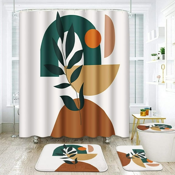 Boho Bathroom Set with Shower Curtain set  and Rugs Accessories, Mid Century Orange Sun Green Yellow Leaves Modern Shower Curtain for Bathroom Decor 4 Pcs