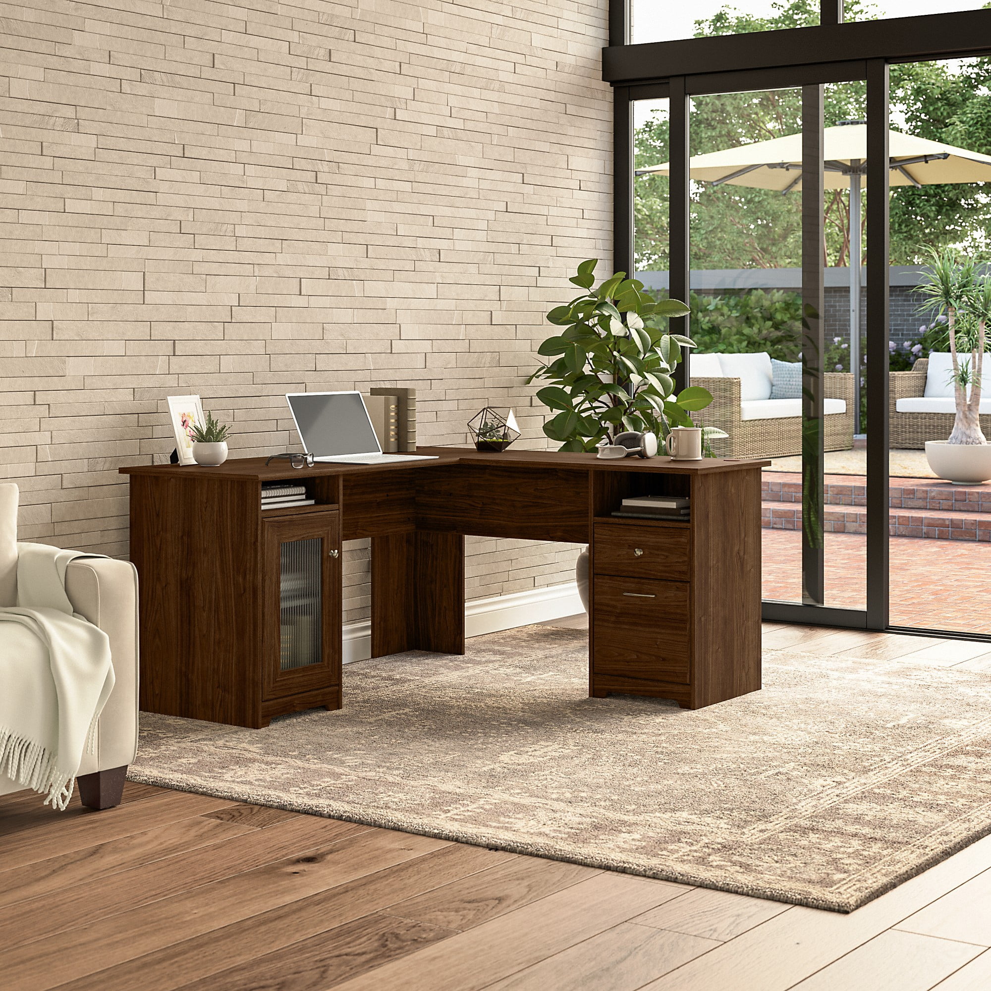 Bush Furniture Cabot 60" L Shaped Desk with Storage, Modern Walnut