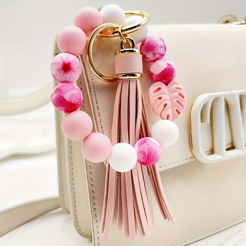 Silicone bead keychain with tassel and maple leaf pendant, stylish keychain bracelet, cool summer style, women's keychain,Pink