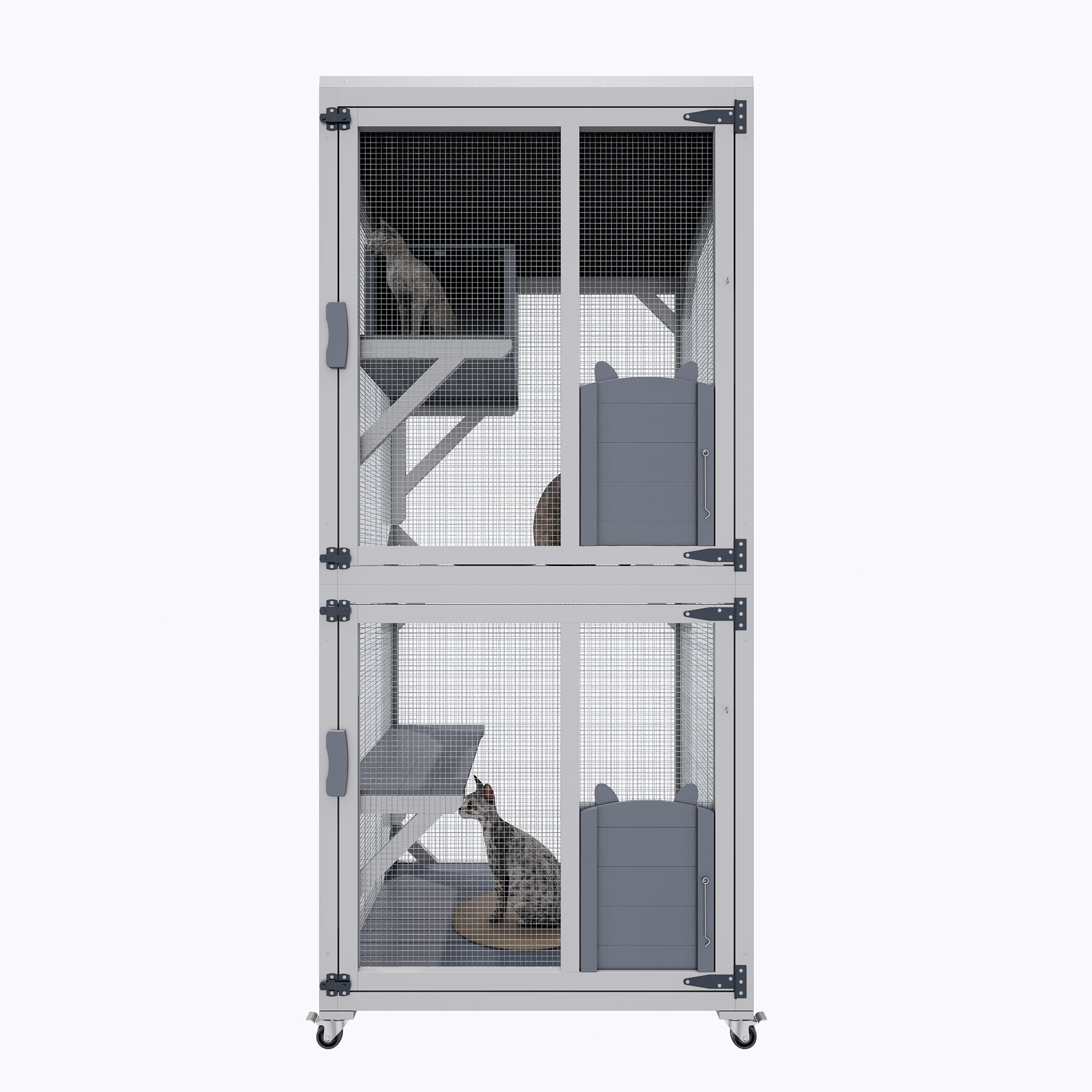 Outdoor Cat Enclosure Catio with Wheels, 71.2" Large Wooden Cat Cage, Multi-Level Cat House with Platforms, Lockable Doors & Removable PVC Tray