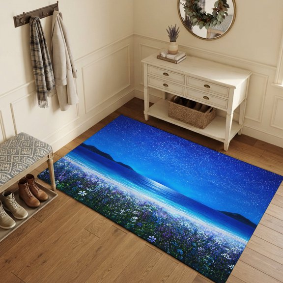 Area Rugs 3'x5', Starry Sky Carpet Runner Indoor Outdoor Rugs Home Decor Aesthetic, Blue Ocean Night Wildflowers Coastal Pastoral Non Slip Mats Washable Accent Rug for Living Room Bedroom