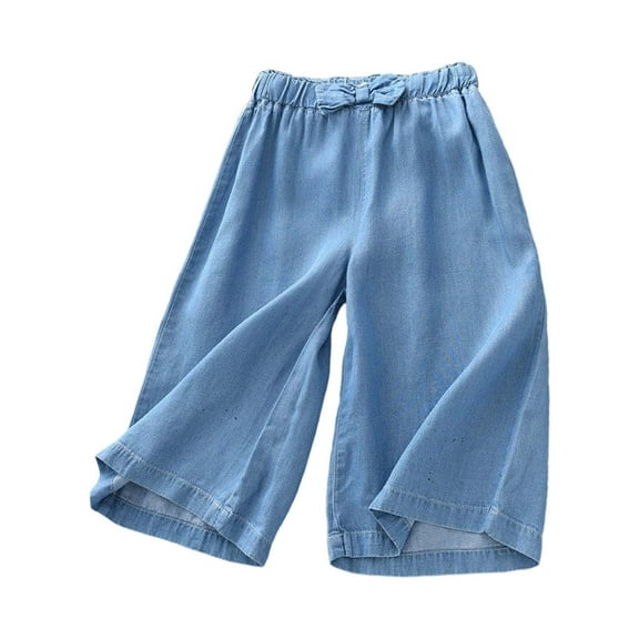 REDARER Girls Lightweight Denim Wide-Leg Capris, Elastic Waist Loose Fit Summer Casual Trousers for Daily Play,2-3 Years