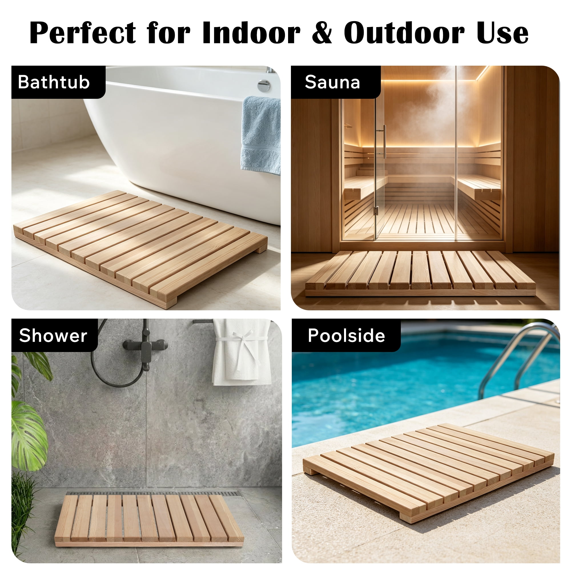 Cedar Wood Shower Mat, Non-Slip Rubber Feet, Quick-Dry Slatted Design, Multi-Purpose Use