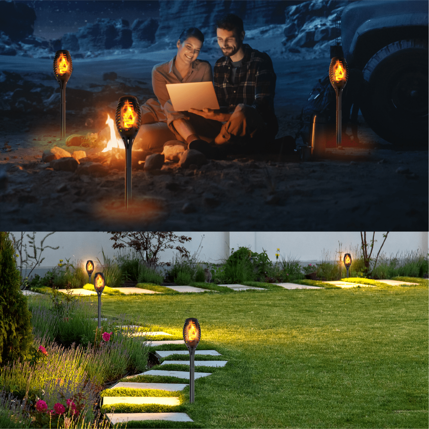 Maggift 12 pack Solar Torch Lights with Flickering Flame, Waterproof, Dusk to Dawn LED Lights for Garden Patio Pathway Walkway Landscape, Black