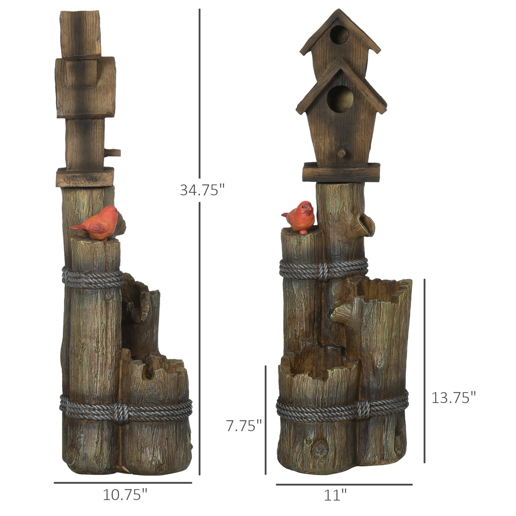 Outdoor Fountain with Birdhouse, Cascading Garden Waterfall Bird Bath with 3-Tier Rustic Tree Trunk / Log Design, LED Lights for Porch, Deck, Yard Decor, Brown