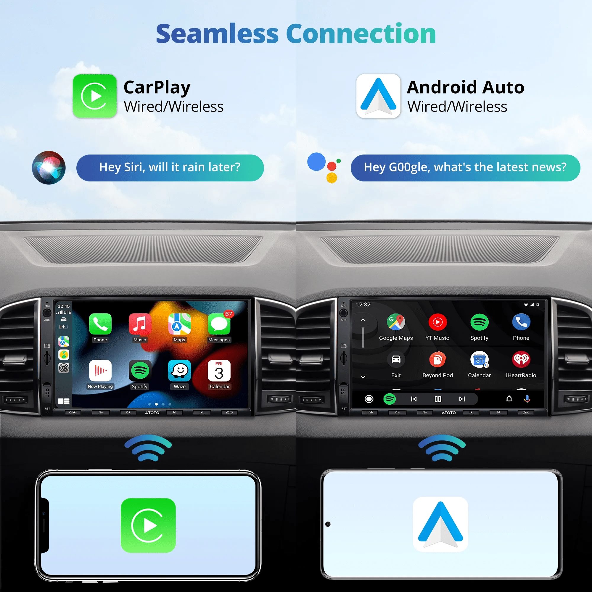 Free Shipping! ATOTO Car Stereo Double Din 7-inch CarPlay Wireless