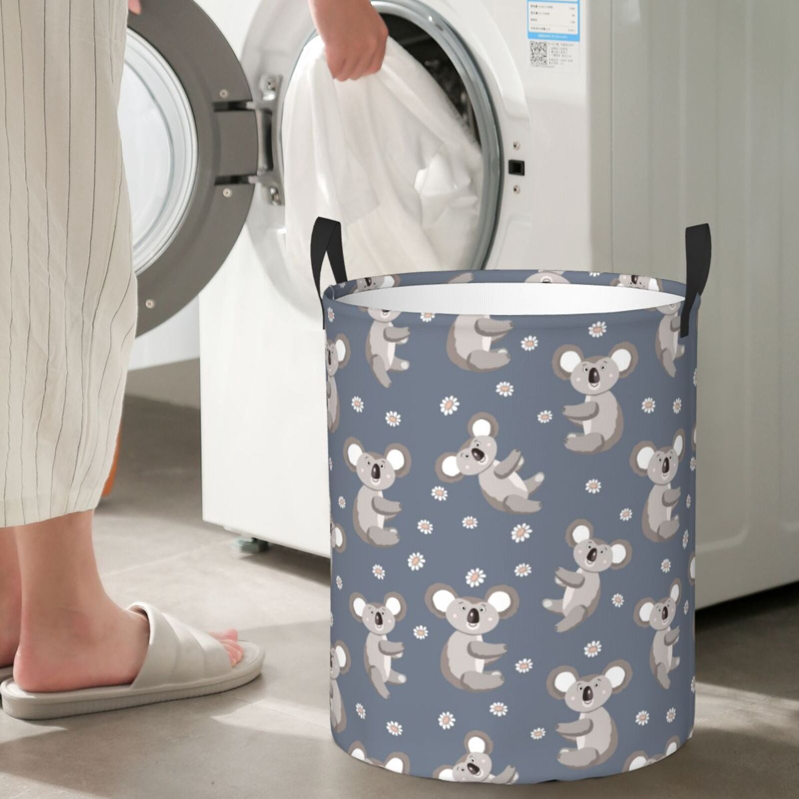 Large Laundry Basket with Handles - Floral Koala Gray Kids Baby Dirty Clothes Laundry Hamper for Bedroom Aesthetic