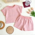 thumbnail image 1 of Zpanxa Ensemble 2 Pcs pour Filles, Haut à Manches Courtes Rayé à Col Ras du Cou avec Short, Tenue de Détente Décontractée, 1-2 Ans, 1 of 6