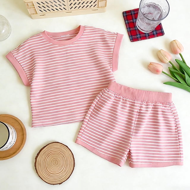 Zpanxa Ensemble 2 Pcs pour Filles, Haut à Manches Courtes Rayé à Col Ras du Cou avec Short, Tenue de Détente Décontractée, 1-2 Ans