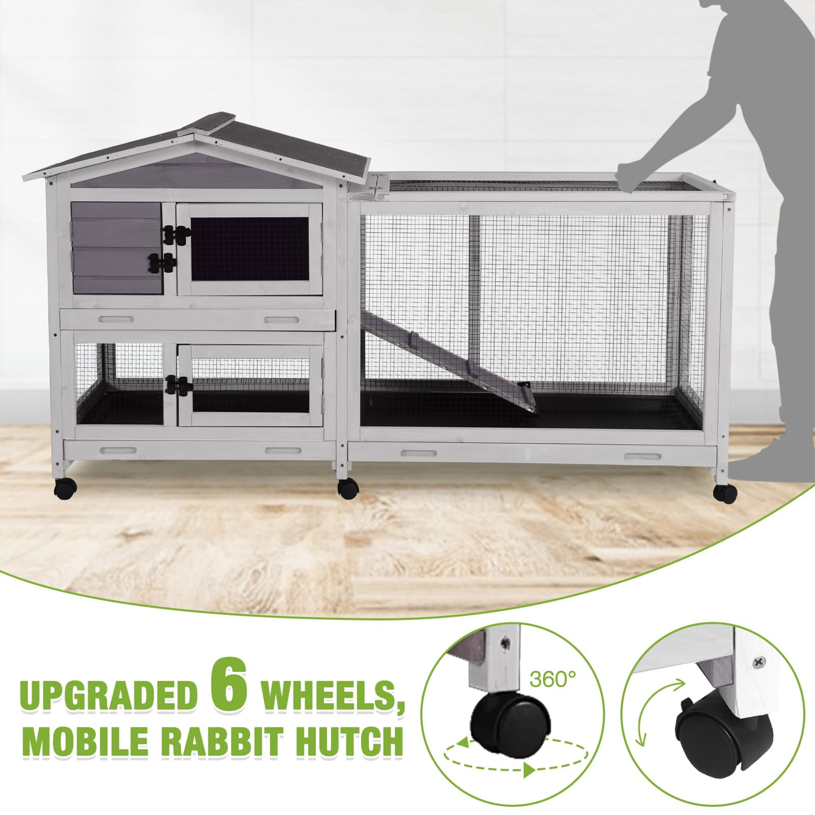 Rabbit Hutch 62" Mobile Bunny Cage Outdoor Indoor on Wheels with 3 Tray