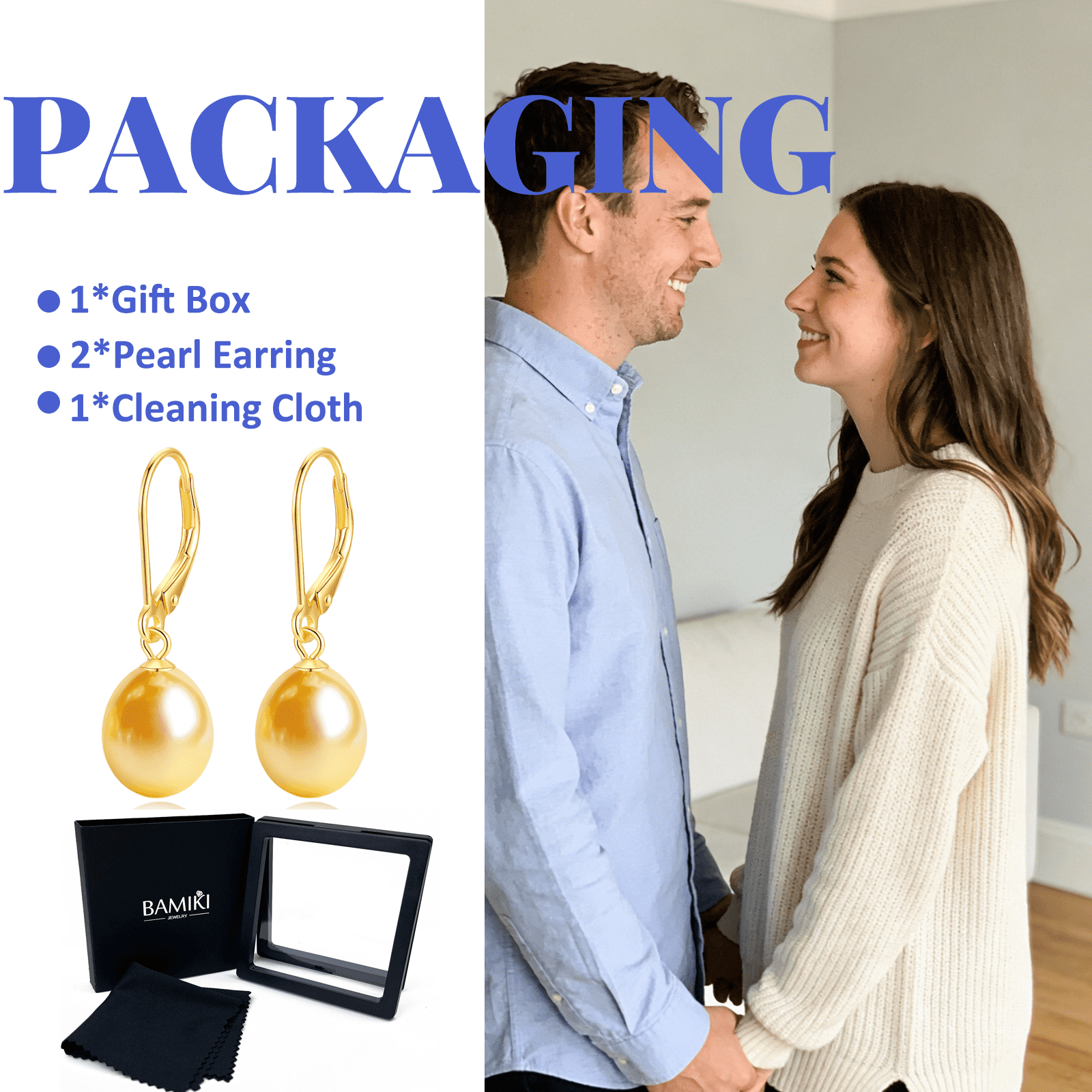 BAMIKI 8.5-9mm Gold Cultured Pearl Drop Earrings for Women, 925 Sterling Silver Leverback Dangle Earrings, Hypoallergenic Jewelry Gift