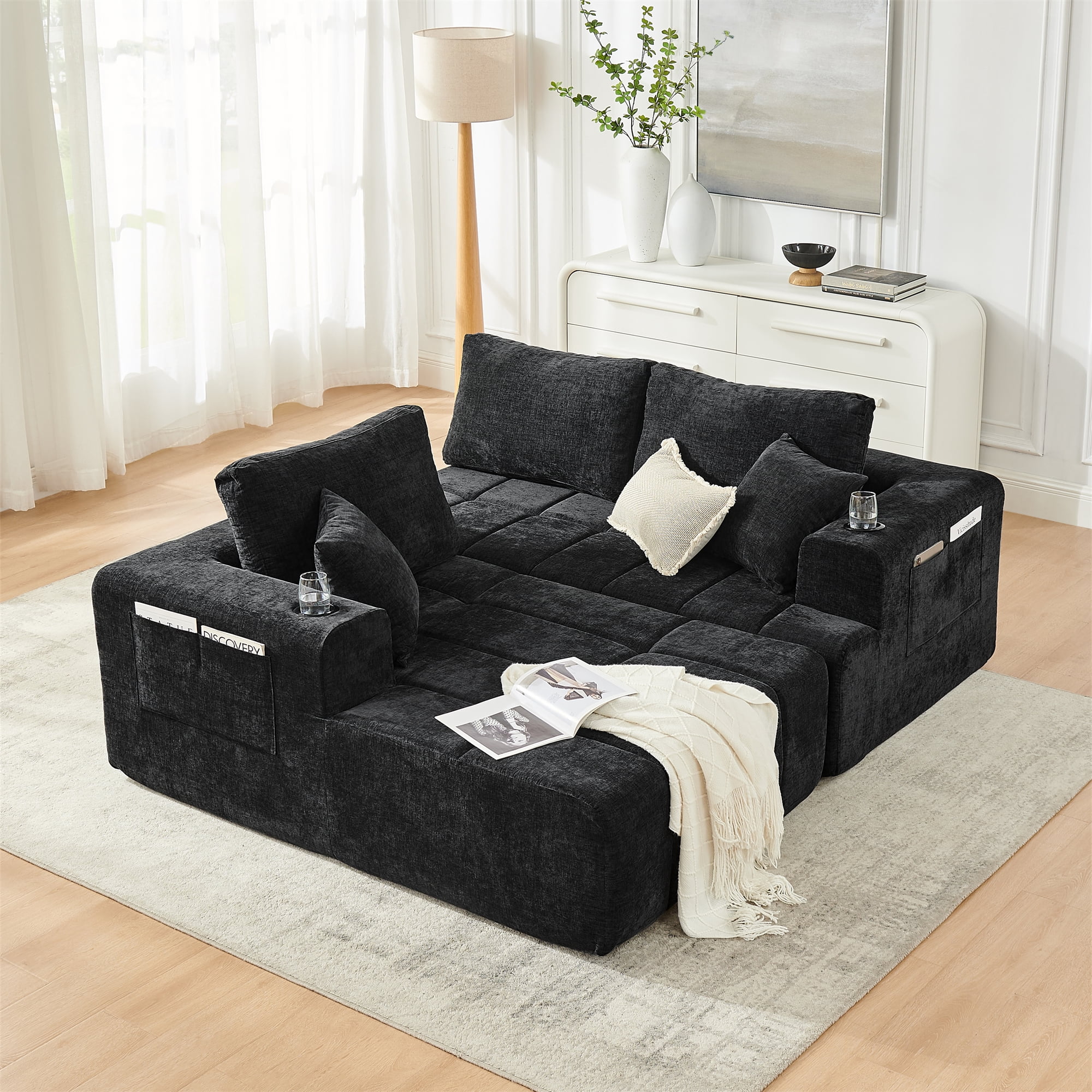 Aukfa 108" Cloud Sectional Sofa, Deep Seat Modular L-Shape Boneless Couch with 2 Cup Holders & Side Pockets, Left Chaise, Chenille, Black