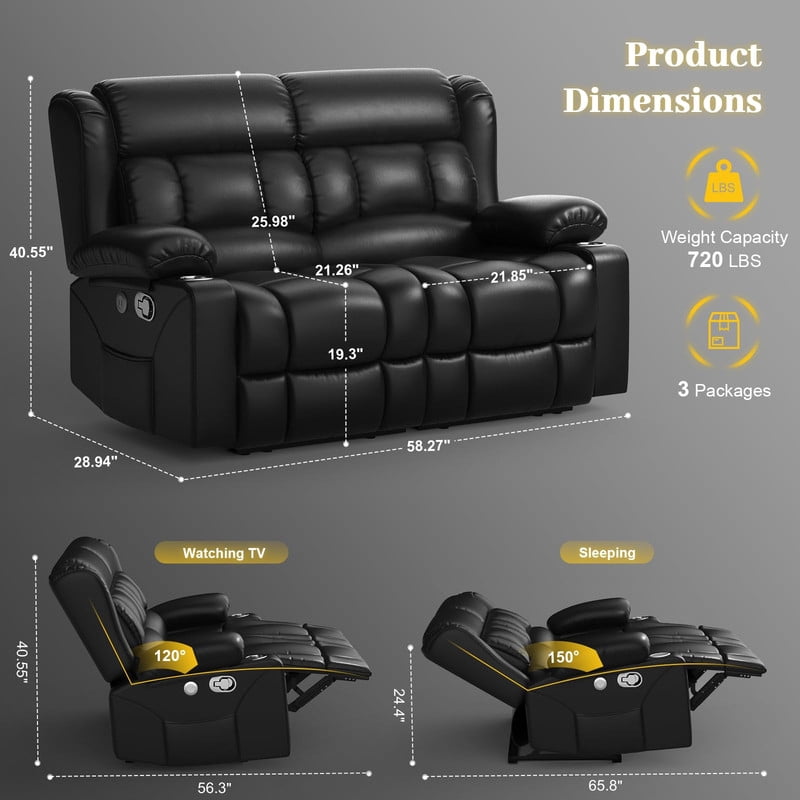 LOBERFVE Loveseat Recliner Sofa, PU Leather Reclining Loveseat with USB Charge Ports, Cup Holders, 2 Seater Manual Pull Tab Recliner Sofa Couches for Living Room, Black