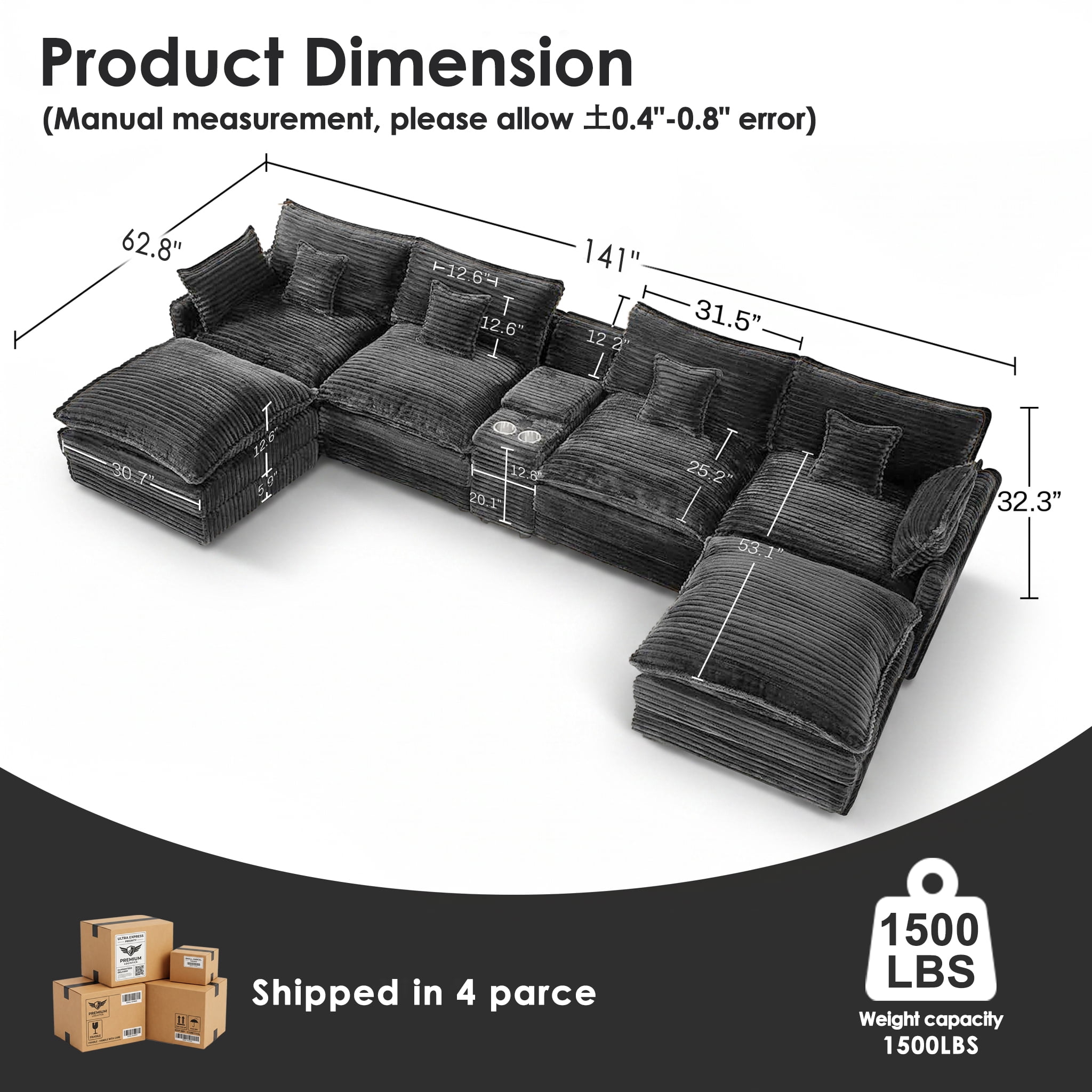 Wakefit 141" U Shaped Sectional Couch, Oversized Modular Sectional Sofa, 5 Seater Corduroy Cloud Couch with Hidden Storage, USB Ports & Cup Holders for Living Room, Dark Gray