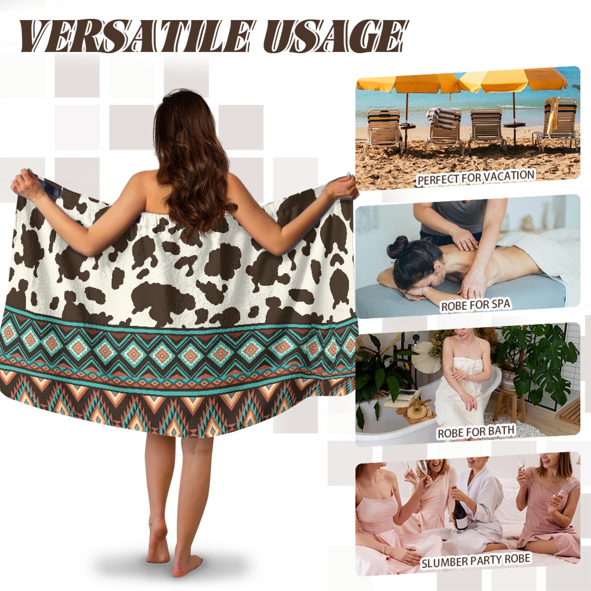Yuyamidu Aztec Towel Body Wrap for Women Brown Cow Print Bath Wrap Towel Size L Spa Wrap Knee Length Bath Towels with Pocket Bathroom Shower Wrap Towel