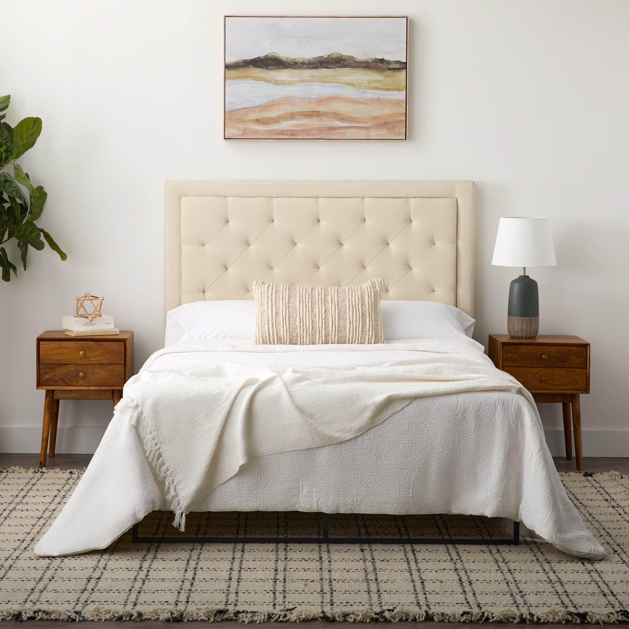 Rest Haven Medford Rectangle Upholstered Headboard with Diamond Tufting, King, Cream