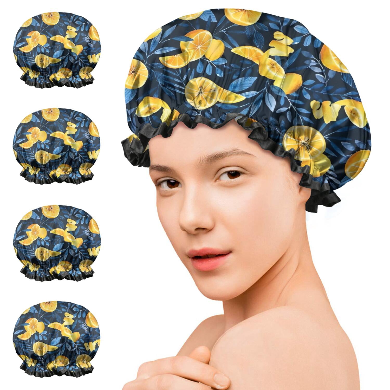 Shower Caps,Yellow Lemon Slices DarkBlue Pattern Waterproof Shower Cap for Women 4 Pieces,Double Reusable Hair Cover for Shower PEVA Elastic Stretch Hem