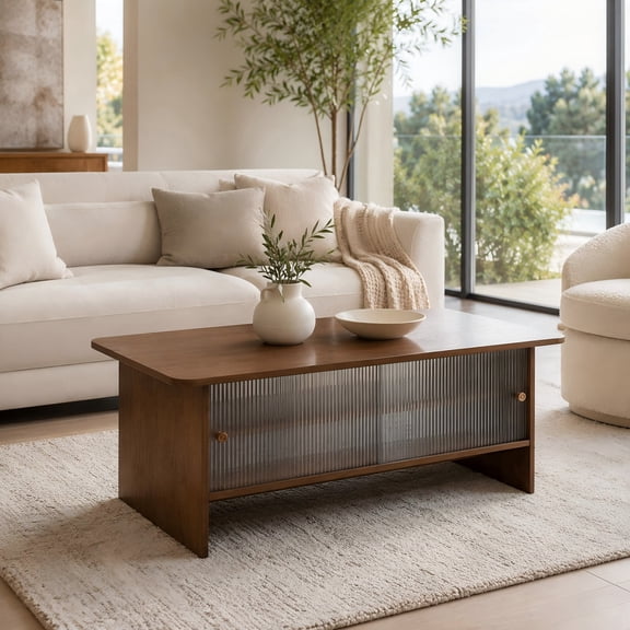 Ciphrias Rectangular Coffee Table 47 Inch Brown MDF Fluted Glass Sliding Door for Living Room