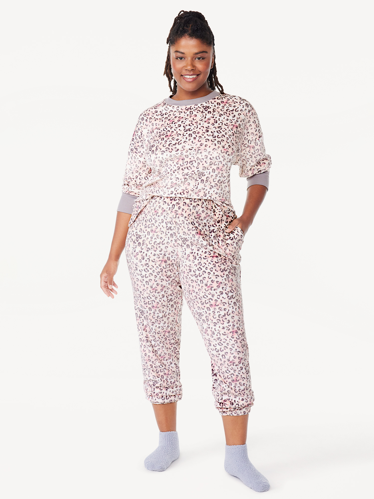 Joyspun Women's Stretch Velour Top and Pants Pajama Set with Socks, 3 ...