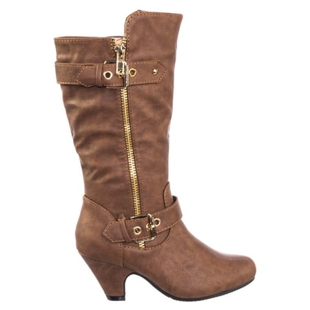 Engineer Biker Boot - Elvina32k by Forever Link, Children Girl Western Biker Low Heel Dress Boots w Belt & Zipper