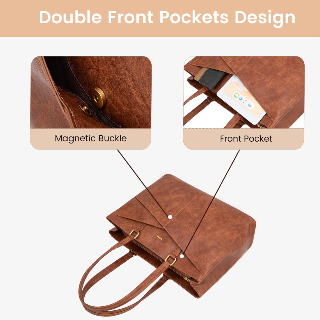 RKXQT Laptop Bag for Women 15.6 Inch Tote Bags Waterproof Leather Briefcase Computer Women Business Office Work Bag,Vintage Brown