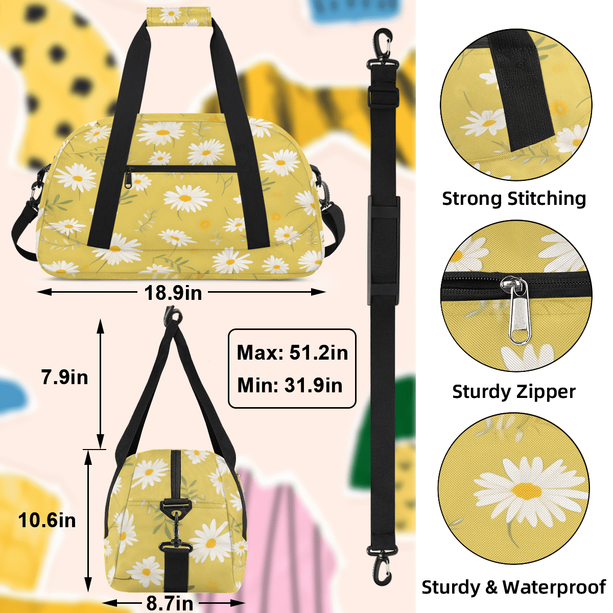 Herdesigns Daisy Sports Duffle Bag for Women & Men, Spring Floral Gym Bag Dance Bag Overnight Bag Carry On Weekender Travel Bag