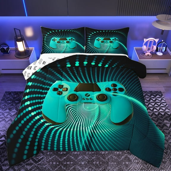 Homewish Gamepads Gamer Bedding Comforter Set 2pcs for Female Men Adults,Teal Polka Dots Twin Comforter Sets Microfiber,Video Game Breathable Bedding Set,Super Cozy Room Decor,Reversible