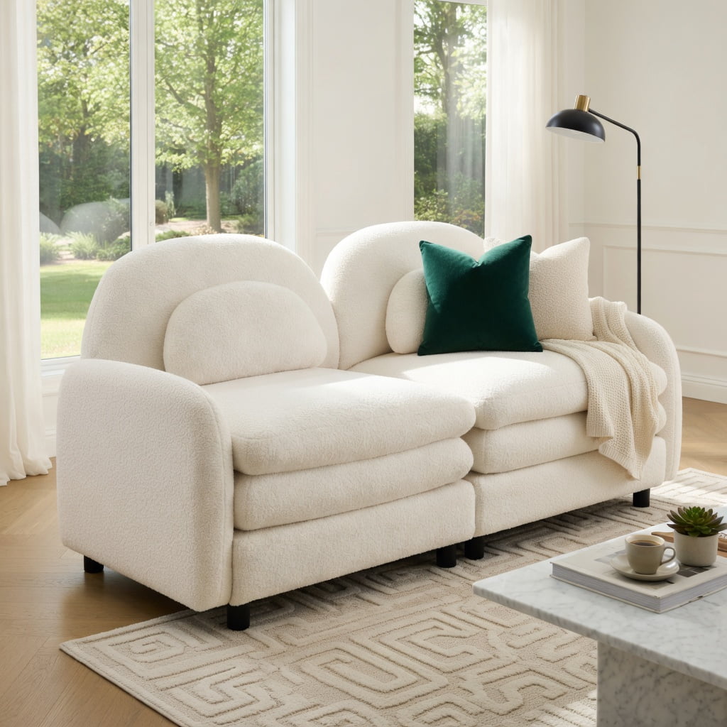 Hommoo Teddy Fleece 2-Seat Modular Sofa with Curved Backrest, Cloud-Like Double-Layer Cushions & 2 Movable Ottomans, Living Room Sectional Couch, Beige