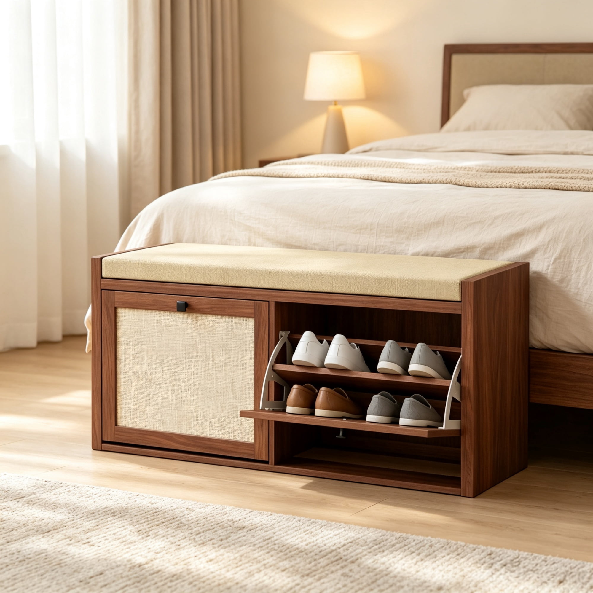 Entryway Shoe Storage Bench, Padded Seat with 2 Rattan Doors for Hidden Shoe Storage, Brown