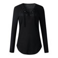 thumbnail image 3 of TWZH Women Solid Color Cross V Neck Scoop Hem Long Sleeve Top, 3 of 4