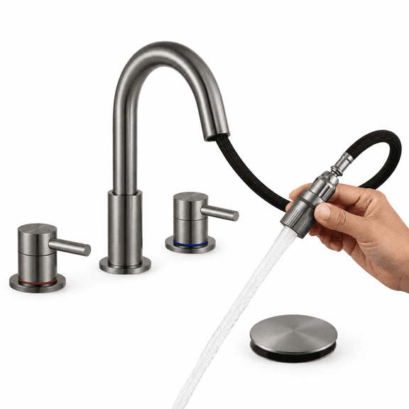 2-Brushed Nickel 8 Inch Pull Down Bathroom Sink Faucet with Pop-Up Drain