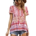 thumbnail image 1 of Mujer Estampado floral Cuello en V Camisa Botón Correa delantera Cuello Manga con volantes Verano Casual Suelto Top Rosa XL, 1 of 6